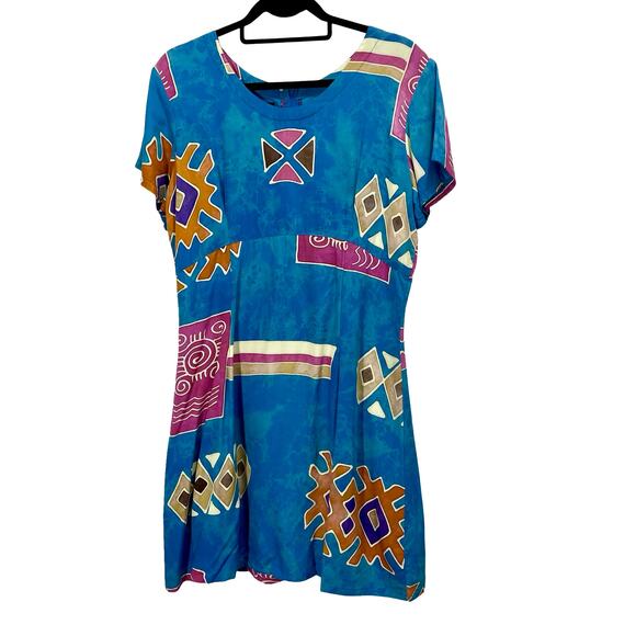 Vintage 90s Blue Tropical Tantrum Rayon Babydoll Mini Dress Large - Picture 2 of 8